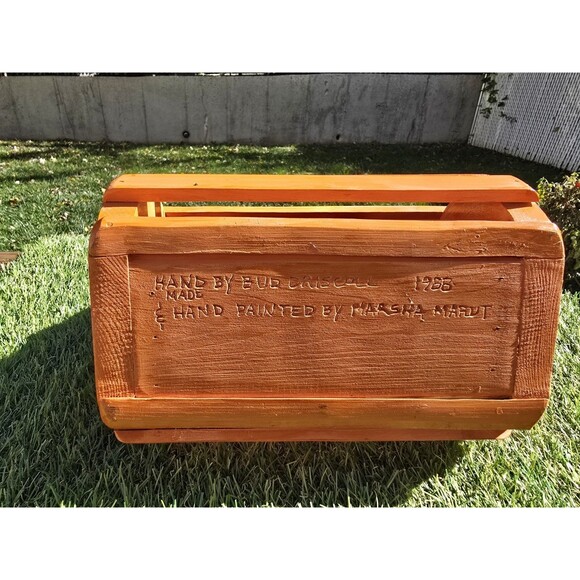 Vtg Halloween Jack O Lantern Black Cat Wooden Basket Planter Double Sided Signed - Picture 8 of 8